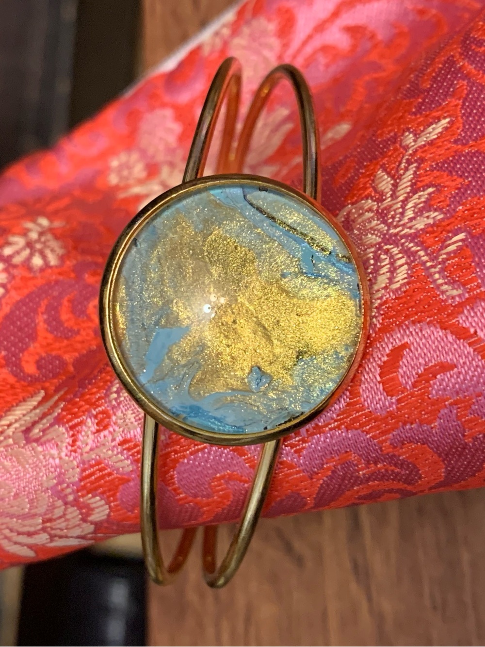 Handcrafted Gold & Blue Resin Round Cuff Bracelet - Women Jewelry